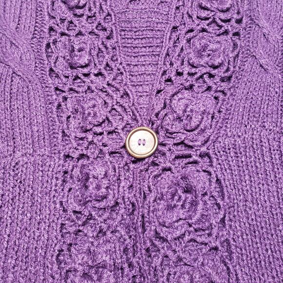 Vintage R&J Couture Boho Crochet Cardigan Sweater M Purple Floral Artisan Knit - Picture 5 of 10